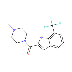 CN1CCN(C(=O)c2cc3cccc(C(F)(F)F)c3[nH]2)CC1 ZINC000084671230