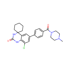 CN1CCN(C(=O)c2ccc(-c3cc(Cl)c4c(c3)C3(CCCCC3)NC(=O)N4)cc2)CC1 ZINC000001491100