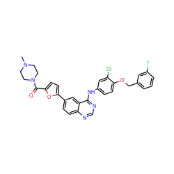 CN1CCN(C(=O)c2ccc(-c3ccc4ncnc(Nc5ccc(OCc6cccc(F)c6)c(Cl)c5)c4c3)o2)CC1 ZINC000096937293