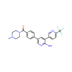 CN1CCN(C(=O)c2ccc(-c3cnc(N)c(-c4ccc(C(F)(F)F)nc4)c3)cc2)CC1 ZINC000095571732