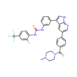 CN1CCN(C(=O)c2ccc(-c3cnc4[nH]cc(-c5cccc(NC(=O)Nc6ccc(C(F)(F)F)cc6F)c5)c4c3)cc2)CC1 ZINC000042967035