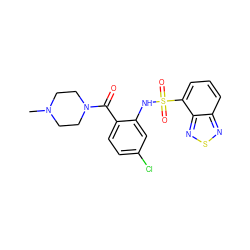 CN1CCN(C(=O)c2ccc(Cl)cc2NS(=O)(=O)c2cccc3nsnc23)CC1 ZINC000035064890