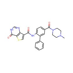 CN1CCN(C(=O)c2ccc(NC(=O)c3csc4c(=O)[nH]cnc34)c(-c3ccccc3)c2)CC1 ZINC000584904861