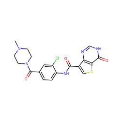 CN1CCN(C(=O)c2ccc(NC(=O)c3csc4c(=O)[nH]cnc34)c(Cl)c2)CC1 ZINC000653901702