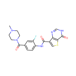 CN1CCN(C(=O)c2ccc(NC(=O)c3csc4c(=O)[nH]cnc34)c(F)c2)CC1 ZINC000653901799