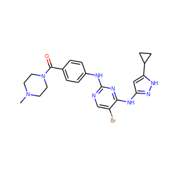 CN1CCN(C(=O)c2ccc(Nc3ncc(Br)c(Nc4cc(C5CC5)[nH]n4)n3)cc2)CC1 ZINC000203003527