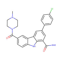 CN1CCN(C(=O)c2ccc3[nH]c4c(C(N)=O)cc(-c5ccc(Cl)cc5)cc4c3c2)CC1 ZINC000113202759