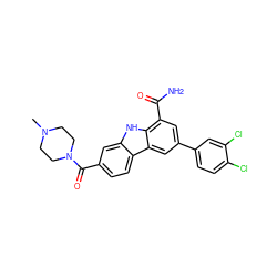 CN1CCN(C(=O)c2ccc3c(c2)[nH]c2c(C(N)=O)cc(-c4ccc(Cl)c(Cl)c4)cc23)CC1 ZINC000113212041