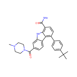 CN1CCN(C(=O)c2ccc3c(c2)[nH]c2c(C(N)=O)ccc(-c4ccc(C(C)(C)C)cc4)c23)CC1 ZINC000473124049