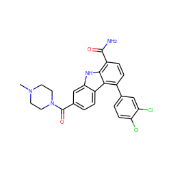 CN1CCN(C(=O)c2ccc3c(c2)[nH]c2c(C(N)=O)ccc(-c4ccc(Cl)c(Cl)c4)c23)CC1 ZINC000473119599