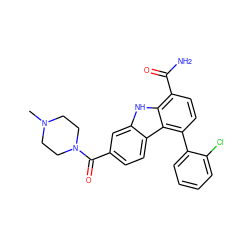 CN1CCN(C(=O)c2ccc3c(c2)[nH]c2c(C(N)=O)ccc(-c4ccccc4Cl)c23)CC1 ZINC000263621274