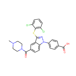 CN1CCN(C(=O)c2ccc3c(c2)c(Sc2c(Cl)cccc2Cl)nn3-c2ccc(C(=O)O)cc2)CC1 ZINC001772635314