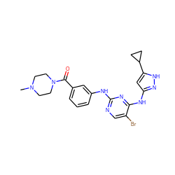 CN1CCN(C(=O)c2cccc(Nc3ncc(Br)c(Nc4cc(C5CC5)[nH]n4)n3)c2)CC1 ZINC000203005154