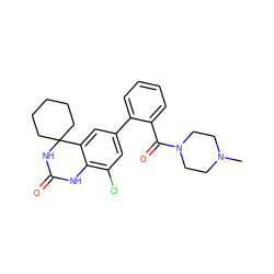 CN1CCN(C(=O)c2ccccc2-c2cc(Cl)c3c(c2)C2(CCCCC2)NC(=O)N3)CC1 ZINC000028374982