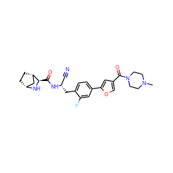 CN1CCN(C(=O)c2coc(-c3ccc(C[C@@H](C#N)NC(=O)[C@H]4N[C@@H]5CC[C@H]4C5)c(F)c3)c2)CC1 ZINC000219290281