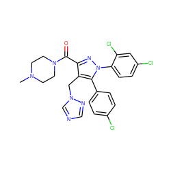 CN1CCN(C(=O)c2nn(-c3ccc(Cl)cc3Cl)c(-c3ccc(Cl)cc3)c2Cn2cncn2)CC1 ZINC000049762299