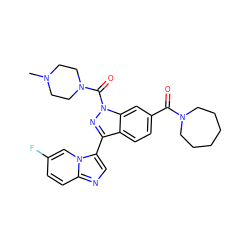 CN1CCN(C(=O)n2nc(-c3cnc4ccc(F)cn34)c3ccc(C(=O)N4CCCCCC4)cc32)CC1 ZINC000115950892