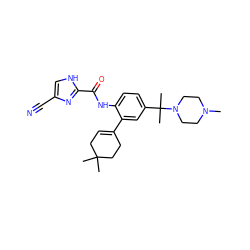 CN1CCN(C(C)(C)c2ccc(NC(=O)c3nc(C#N)c[nH]3)c(C3=CCC(C)(C)CC3)c2)CC1 ZINC000098052877