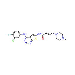 CN1CCN(C/C=C/C(=O)Nc2cc3c(Nc4ccc(F)c(Cl)c4)ncnc3s2)CC1 ZINC000169311844