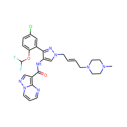 CN1CCN(C/C=C/Cn2cc(NC(=O)c3cnn4cccnc34)c(-c3cc(Cl)ccc3OC(F)F)n2)CC1 ZINC001772636710