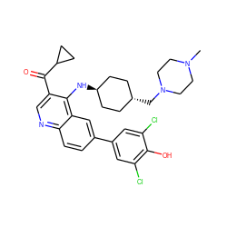 CN1CCN(C[C@H]2CC[C@H](Nc3c(C(=O)C4CC4)cnc4ccc(-c5cc(Cl)c(O)c(Cl)c5)cc34)CC2)CC1 ZINC000473152114