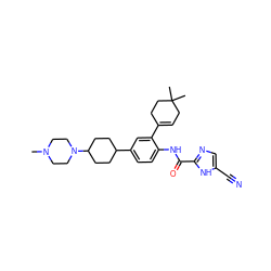 CN1CCN(C2CCC(c3ccc(NC(=O)c4ncc(C#N)[nH]4)c(C4=CCC(C)(C)CC4)c3)CC2)CC1 ZINC000141240570