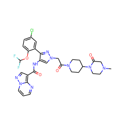 CN1CCN(C2CCN(C(=O)Cn3cc(NC(=O)c4cnn5cccnc45)c(-c4cc(Cl)ccc4OC(F)F)n3)CC2)C(=O)C1 ZINC001772592425