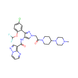 CN1CCN(C2CCN(C(=O)Cn3cc(NC(=O)c4cnn5cccnc45)c(-c4cc(Cl)ccc4OC(F)F)n3)CC2)CC1 ZINC001772647097