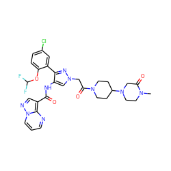 CN1CCN(C2CCN(C(=O)Cn3cc(NC(=O)c4cnn5cccnc45)c(-c4cc(Cl)ccc4OC(F)F)n3)CC2)CC1=O ZINC001772590060