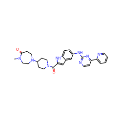 CN1CCN(C2CCN(C(=O)c3cc4cc(Nc5nccc(-c6ccccn6)n5)ccc4[nH]3)CC2)CCC1=O ZINC000144224841