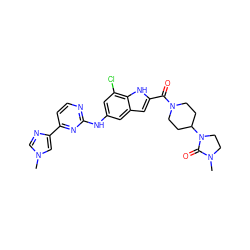 CN1CCN(C2CCN(C(=O)c3cc4cc(Nc5nccc(-c6cn(C)cn6)n5)cc(Cl)c4[nH]3)CC2)C1=O ZINC000205651296