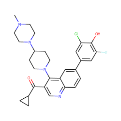 CN1CCN(C2CCN(c3c(C(=O)C4CC4)cnc4ccc(-c5cc(F)c(O)c(Cl)c5)cc34)CC2)CC1 ZINC000203800138