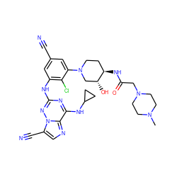 CN1CCN(CC(=O)N[C@@H]2CCN(c3cc(C#N)cc(Nc4nc(NC5CC5)c5ncc(C#N)n5n4)c3Cl)C[C@H]2O)CC1 ZINC000169711923