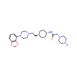 CN1CCN(CC(=O)N[C@H]2CC[C@H](CCN3CCN(c4cccc5c4OCO5)CC3)CC2)CC1 ZINC000261189561