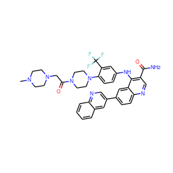 CN1CCN(CC(=O)N2CCN(c3ccc(Nc4c(C(N)=O)cnc5ccc(-c6cnc7ccccc7c6)cc45)cc3C(F)(F)F)CC2)CC1 ZINC000653761883