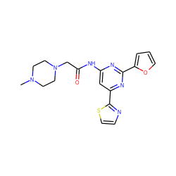 CN1CCN(CC(=O)Nc2cc(-c3nccs3)nc(-c3ccco3)n2)CC1 ZINC000023360508