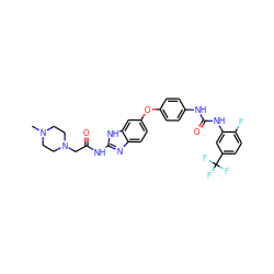 CN1CCN(CC(=O)Nc2nc3ccc(Oc4ccc(NC(=O)Nc5cc(C(F)(F)F)ccc5F)cc4)cc3[nH]2)CC1 ZINC000023359574