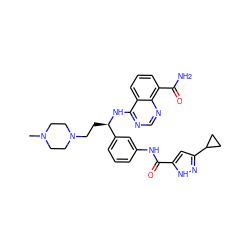 CN1CCN(CC[C@@H](Nc2ncnc3c(C(N)=O)cccc23)c2cccc(NC(=O)c3cc(C4CC4)n[nH]3)c2)CC1 ZINC000114344326