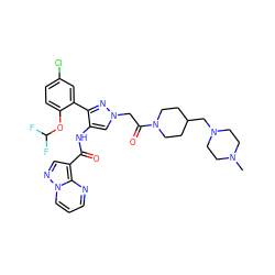 CN1CCN(CC2CCN(C(=O)Cn3cc(NC(=O)c4cnn5cccnc45)c(-c4cc(Cl)ccc4OC(F)F)n3)CC2)CC1 ZINC001772622933