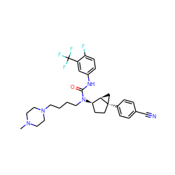 CN1CCN(CCCCN(C(=O)Nc2ccc(F)c(C(F)(F)F)c2)[C@@H]2CC[C@]3(c4ccc(C#N)cc4)C[C@H]23)CC1 ZINC000028467824