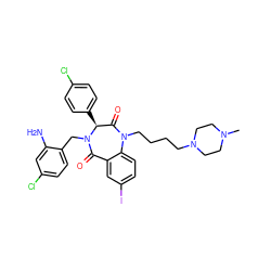 CN1CCN(CCCCN2C(=O)[C@H](c3ccc(Cl)cc3)N(Cc3ccc(Cl)cc3N)C(=O)c3cc(I)ccc32)CC1 ZINC000038377662
