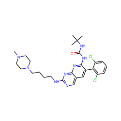 CN1CCN(CCCCNc2ncc3cc(-c4c(Cl)cccc4Cl)c(NC(=O)NC(C)(C)C)nc3n2)CC1 ZINC000021289517