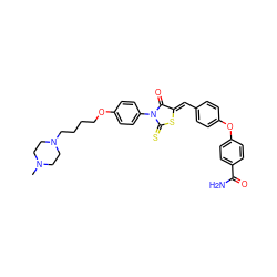 CN1CCN(CCCCOc2ccc(N3C(=O)/C(=C/c4ccc(Oc5ccc(C(N)=O)cc5)cc4)SC3=S)cc2)CC1 ZINC000084703523