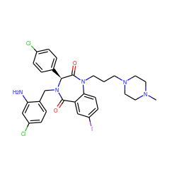 CN1CCN(CCCN2C(=O)[C@H](c3ccc(Cl)cc3)N(Cc3ccc(Cl)cc3N)C(=O)c3cc(I)ccc32)CC1 ZINC000038377663