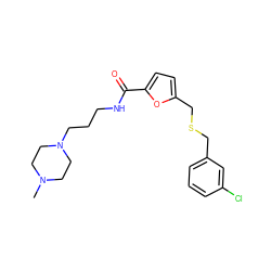 CN1CCN(CCCNC(=O)c2ccc(CSCc3cccc(Cl)c3)o2)CC1 ZINC000020730526