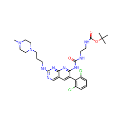 CN1CCN(CCCNc2ncc3cc(-c4c(Cl)cccc4Cl)c(NC(=O)NCCNC(=O)OC(C)(C)C)nc3n2)CC1 ZINC000023357757