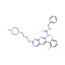 CN1CCN(CCCNc2ncc3cc(-c4c(Cl)cccc4Cl)c(NC(=O)NCc4ccccc4)nc3n2)CC1 ZINC000021289438