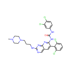 CN1CCN(CCCNc2ncc3cc(-c4c(Cl)cccc4Cl)c(NC(=O)Nc4ccc(Cl)c(Cl)c4)nc3n2)CC1 ZINC000029553899