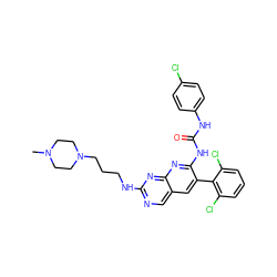 CN1CCN(CCCNc2ncc3cc(-c4c(Cl)cccc4Cl)c(NC(=O)Nc4ccc(Cl)cc4)nc3n2)CC1 ZINC000023357769