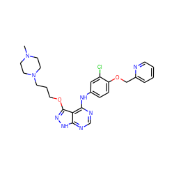 CN1CCN(CCCOc2n[nH]c3ncnc(Nc4ccc(OCc5ccccn5)c(Cl)c4)c23)CC1 ZINC000029128547